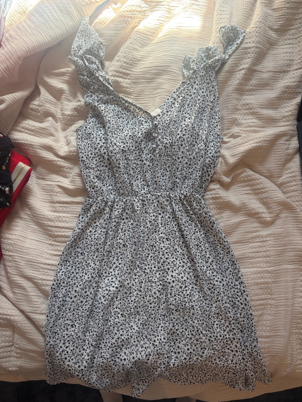 White and Black Floral Ruffle Dress